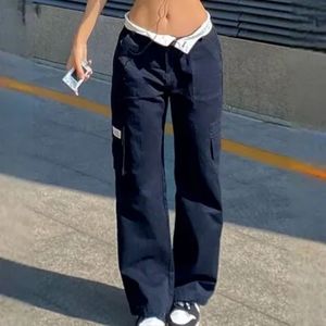 Emmiol BLACK Y2K Fold Over Waist Vintage Straight Leg Pants